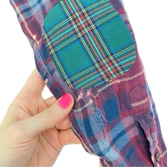 Handmade Boho Flannel Shirt Floral Stencil Bleached Plaid Womens Large XL Red - Picture 13 of 14